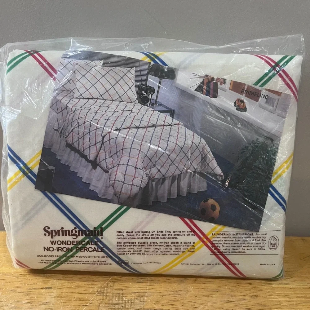 Vtg 80s Springmaid Wondercale King Flat Sheet Primeline Rainbow Grid Geometric